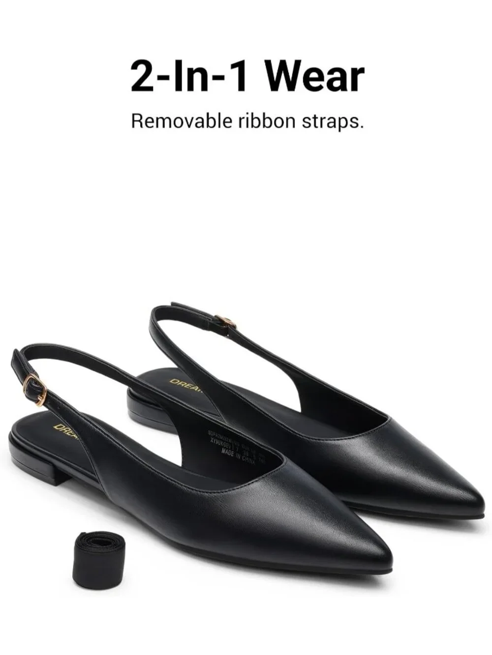 Women's Black Leather Slingback Pointed Toe Ballet Flat Buckle Strap Dress Shoes